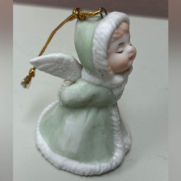 Giftco Bisque Porcelain Kissing Green Angel Bell Figurine Christmas Ornament - Picture 2 of 7